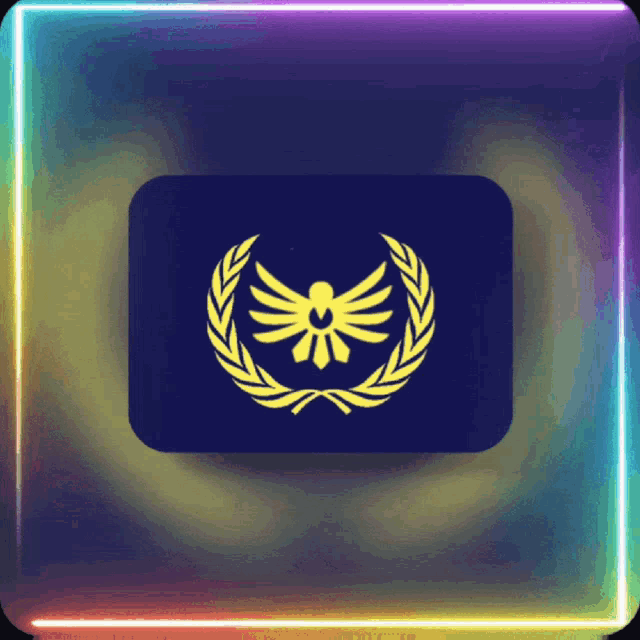 a blue square with a yellow bird and a laurel wreath