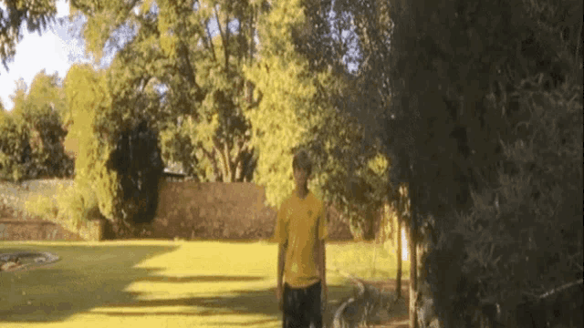 a man in a yellow shirt is standing in a park