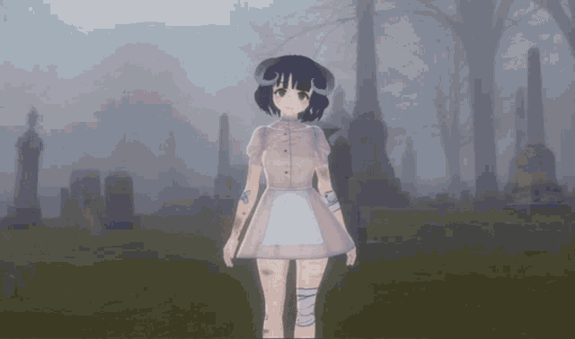 a girl in a pink dress is standing in a cemetery