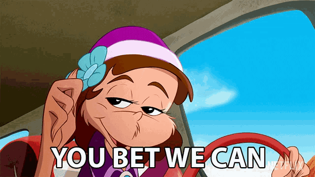 a cartoon character says you bet we can while holding a steering wheel