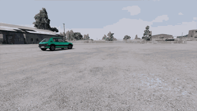 a green car with a license plate that says rxp fougeo