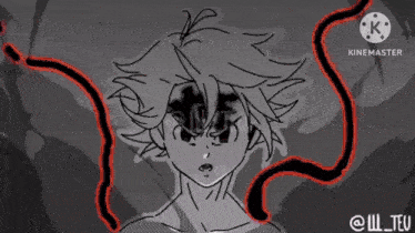 a black and white drawing of a person with red lines coming out of it .
