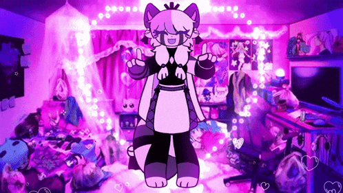 a cartoon character is standing in a room with purple lights and hearts .