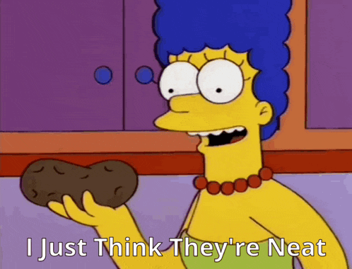 a cartoon of marge simpson holding a potato with the words i just think they 're neat below her