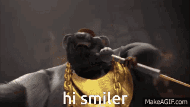 a cartoon character with a gold chain around his neck and the words hi smiler