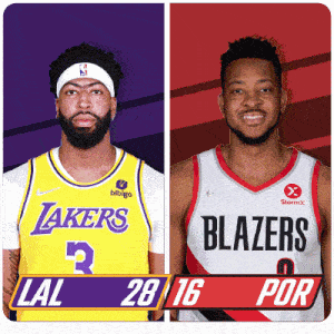 two basketball players from the lakers and blazers are shown
