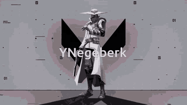 a drawing of a man holding a gun with the name ynegebenk written on the bottom