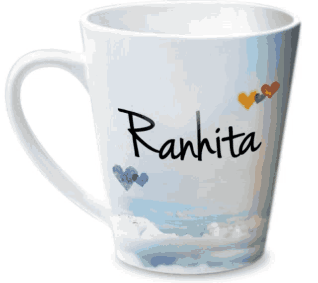 a white coffee mug with the name ranhita written on it