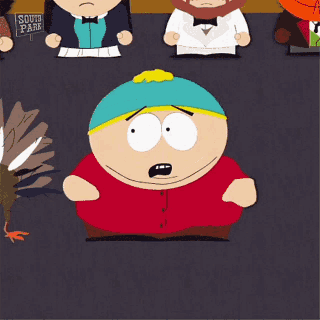a group of south park characters are gathered around a table