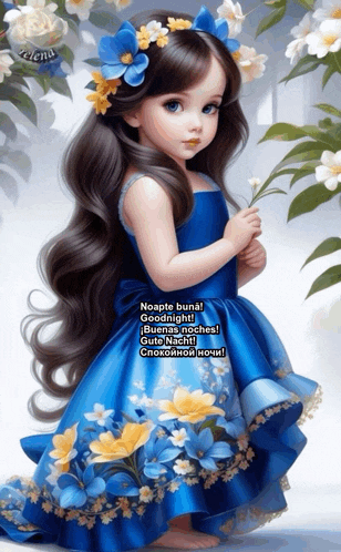 a little girl in a blue dress with flowers in her hair says goodnight