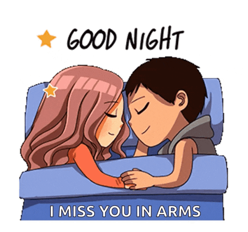 a cartoon of a man and a woman sleeping with the words " good night i miss you in arms " above them