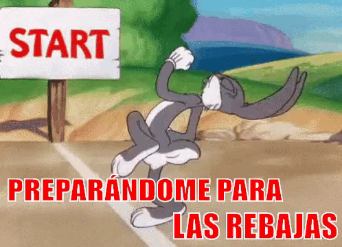 bugs bunny is running in front of a sign that says " start "
