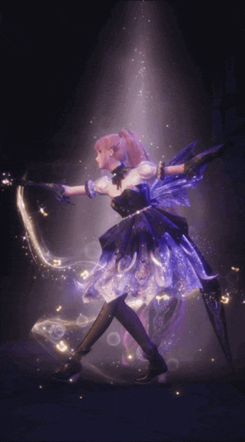 a girl in a purple dress is holding a sword in her hand