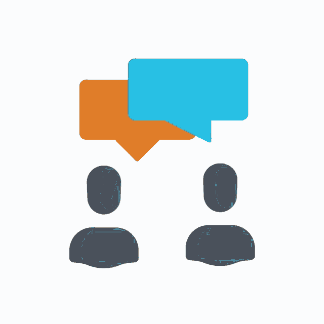 a blue and orange speech bubble is above two people 's heads