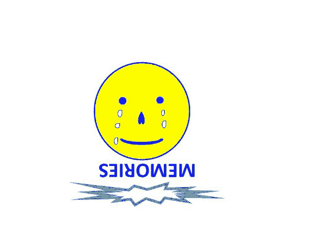 a yellow smiley face with blue tears and the word memories