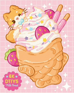 a cat is laying on top of a waffle cone with whipped cream strawberries and sprinkles
