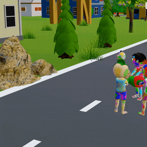 a group of children are standing on the side of a road looking at a rock