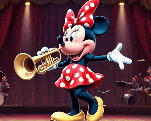 minnie mouse playing a trumpet on stage with a band behind her