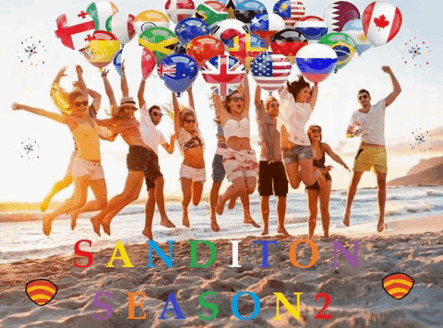 a group of people are jumping in the air on a beach with sanditon season 2 written on the bottom