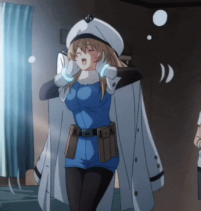 a girl in a blue and white outfit is standing in a room with her eyes closed