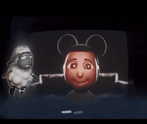 a cartoon of a sheep and mickey mouse on a tv screen