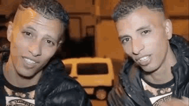 two identical twin boys are standing next to each other in front of a van .