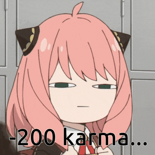 a girl with pink hair has a cat ear on her head and says -200 karma