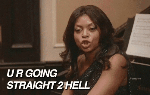 a woman is sitting at a piano making a funny face and says `` ur going straight 2 hell '' .