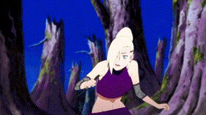 a woman in a purple top is standing in a forest holding a knife