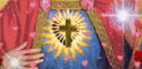 a close up of a person 's chest with a cross on it surrounded by pink hearts .