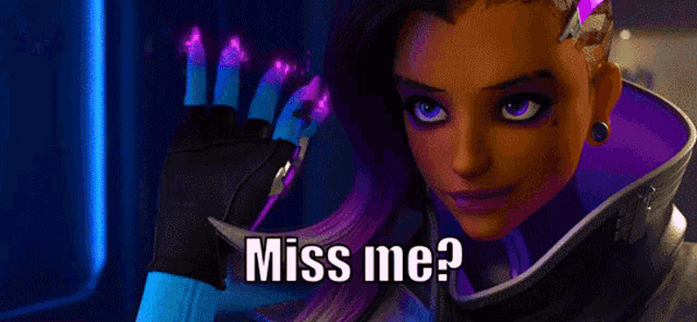 a video game character is holding a purple object and says miss me