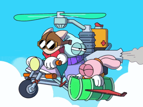 a group of cartoon characters are flying through the air on a motorcycle