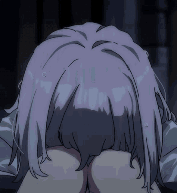 a drawing of a woman with purple hair covering her face