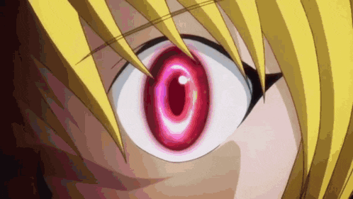 a close up of a person 's eye with a red pupil and yellow hair .