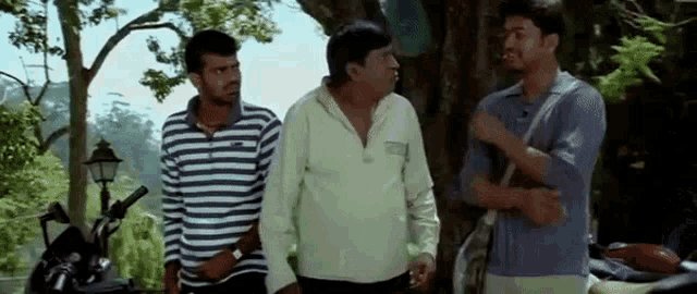 three men are standing next to each other under a tree .
