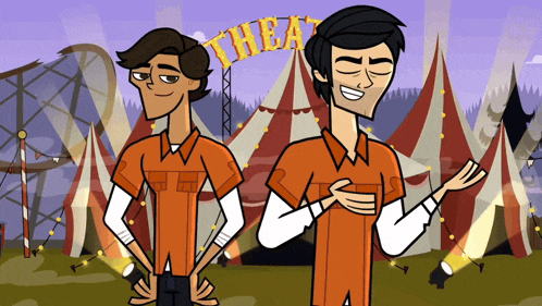two cartoon characters are standing in front of a circus tent that says thea