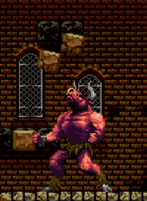 a pixel art of a man standing in front of a brick wall with a red light coming out of his eye .
