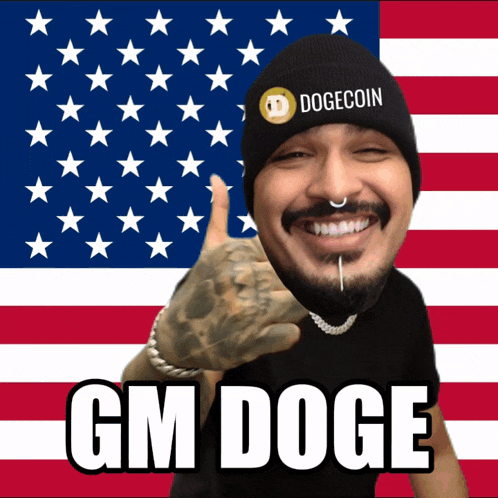 a man wearing a dogecoin hat is pointing at the camera