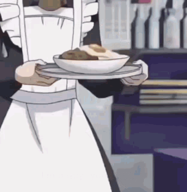 a waitress is holding a tray of food in her hands .
