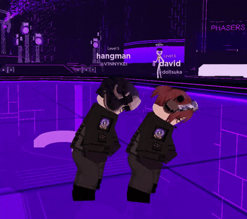 two roblox characters are standing in front of a purple sign that says phasers