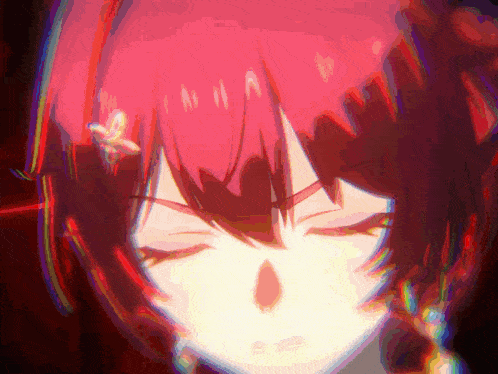 a close up of a red haired anime character