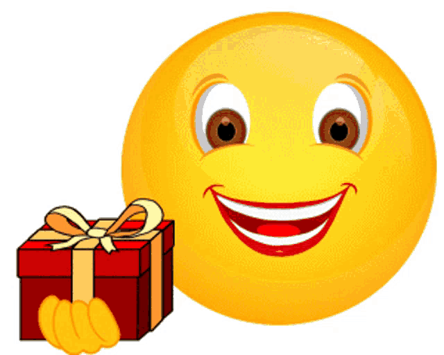 a smiley face holding a red gift box with a yellow bow