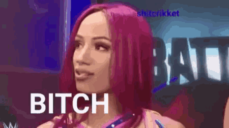 a woman with pink hair is saying bitch in a cartoon