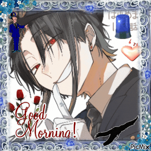 a picture of a man with red eyes and the words good morning written on it