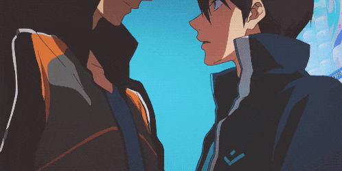 two anime characters are looking at each other with one wearing a jacket with an arrow on the sleeve