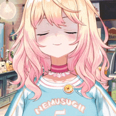 a girl with pink hair and a shirt that says nemusugi on it