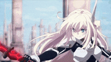 a blonde anime girl is holding a red sword in her right hand