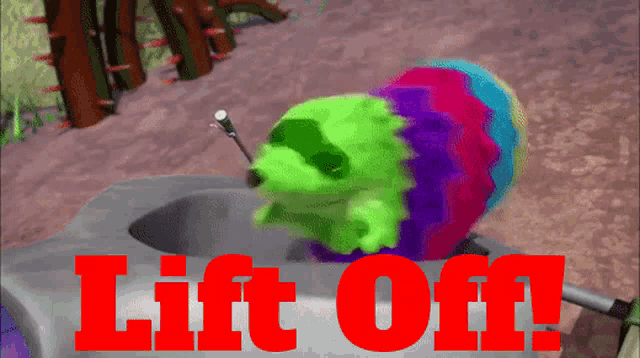 a green and purple worm is being lifted off the ground by a red lift off sign