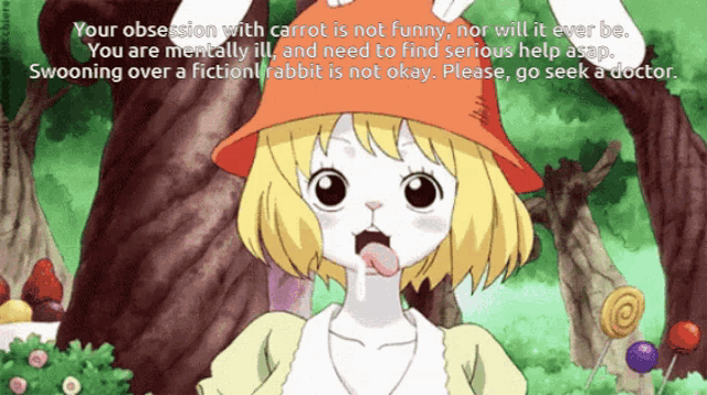 a cartoon of a girl with carrot on her hat
