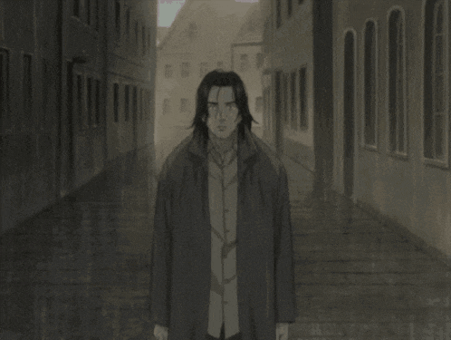 a black and white photo of a man in a trench coat walking down a street